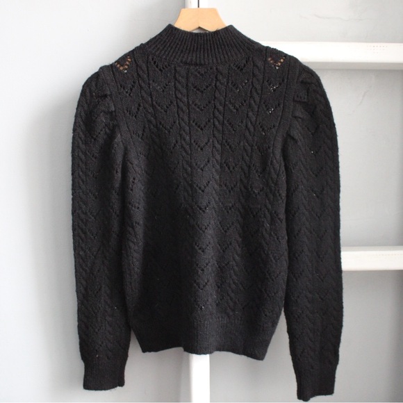 ModCloth Women’s Black Lacey Knit Cutout Puff Sleeve Mock Neck Sweater sz Medium - Picture 2 of 4